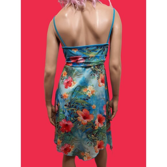 90s Y2K Tropical Floral Mesh Dress Size L Sleeveless Spaghetti Strap V Neck - Picture 5 of 6